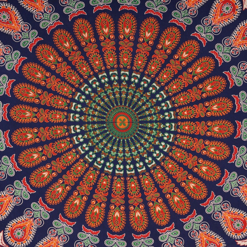 Bless International Handmade Indian hippie Bohemian Psychedelic Peacock Mandala Wall hanging College Dorm Beach Throws Table Cloth Bedding Tapestry (Golden Red Green, Queen(84x90Inches)(215x230Cms)) - Image 4